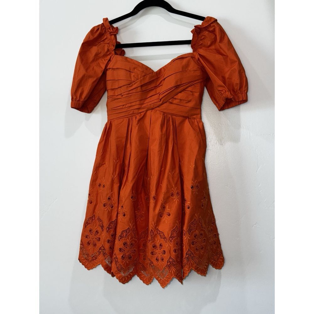 Self Portrait Cinnamon Floral Broderie Puff Sleeve Scallop Mini Dress Size 2 - Picture 4 of 10